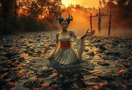 It's evening. Golden hour. Orange glow shoots rays through the trees around the lake of bubbling tar. Thick bubbles rise above the surface and pop. In the center is a robotic geisha demon with glowing eyes halfway submerged in the tar. Small skulls are barely floating around in the thick tar and the demon is dancing seductively to lure you in. The photo is taken from the tar surface looking up, and she holds out a welcoming hand out for you, like a ballet dancer. Her body contorts into weird shapes and her face is without emotion and her eyes scream danger. Her dress is white and gold, lots of jewelry and golden chains, and her head is crowned with horns. She has henna tattoos over her arms with mysterious symbols. She's inviting you to step into the tar pit. You must resist her temptation... 
In the background, there are totems made from sticks and rope. A torch burns at the top. There's a thick layer of mist, smoke and ash in the air, possibly from a wildfire raging nearby.
