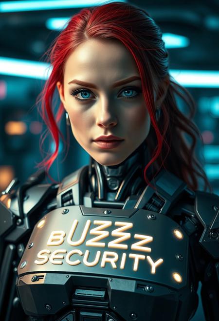 A close up cinematic shot of a female cyborg, RED HAIR, blue eyes, wearing robotic chest bereastplate, looking at the viewer, the word “BUZZ SECURITY” is written on the chestplate in glowing letters, extreme quality, best details, hkstyle, futurisitc labb in background