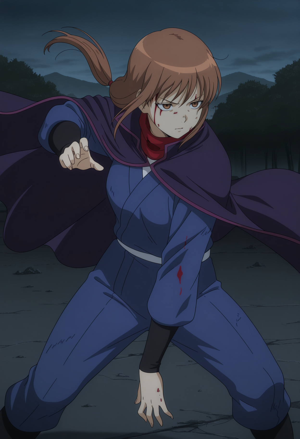 A young woman with brown eyes and brown hair tied in a ponytail. She wears a blue, outfit with a red scarf and a dark purple cape. Her eyes are narrowed and focused, and she has a small cut on her right cheek. She stands in a fighting stance with her left arm hanging down and her right arm raised, prepared to strike. The background shows a dark, stormy night with dim lighting and a forest silhouette. 