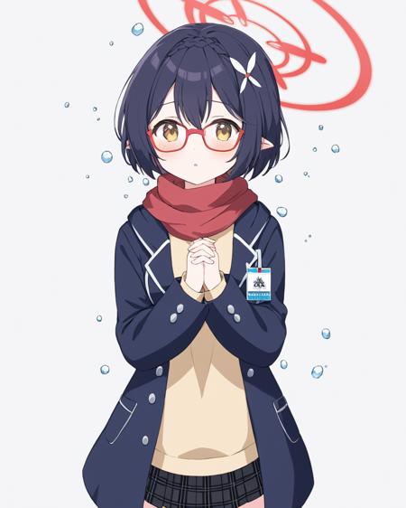 ayane \(blue archive\),1girl, solo, halo, glasses, looking_at_viewer, snowflakes, white_background, red_scarf, simple_background, hooded_coat, hood, snowing, cropped_legs, braid, long_sleeves, red-framed_eyewear, plaid, breath, parted_lips, black_skirt, winter_clothes, own_hands_together, blush, grey_skirt, jacket, open_coat, official_alternate_costume, black_coat, blue_coat, sweater
<lora:ayane_(blue_archive)_image368_2023-11-26:1>halo. gorgeous,key visual, vibrant, studio anime,award-winning, professional, highly detailed,high budget, cinemascope