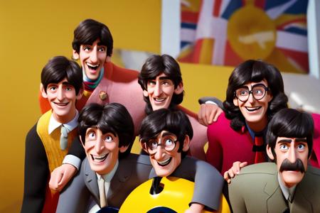 d3caricature-beta-x, album cover close up photo of the beatles, big smiles, living room with a huge yellow submarine, daylight, London, award winning photography, highly detailed, 8k