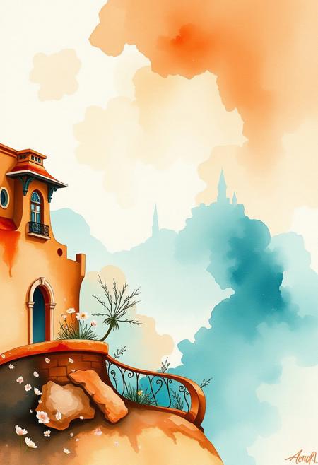 A dreamy watercolor painting in warm terracotta and cool teal, featuring a romantic landscape with baroque detailing, soft natural light, pastel tones, and a mystical ambiance.  The style is expressive realism with delicate brushwork and atmospheric depth, showcasing gentle color contrasts and a dreamlike atmosphere.