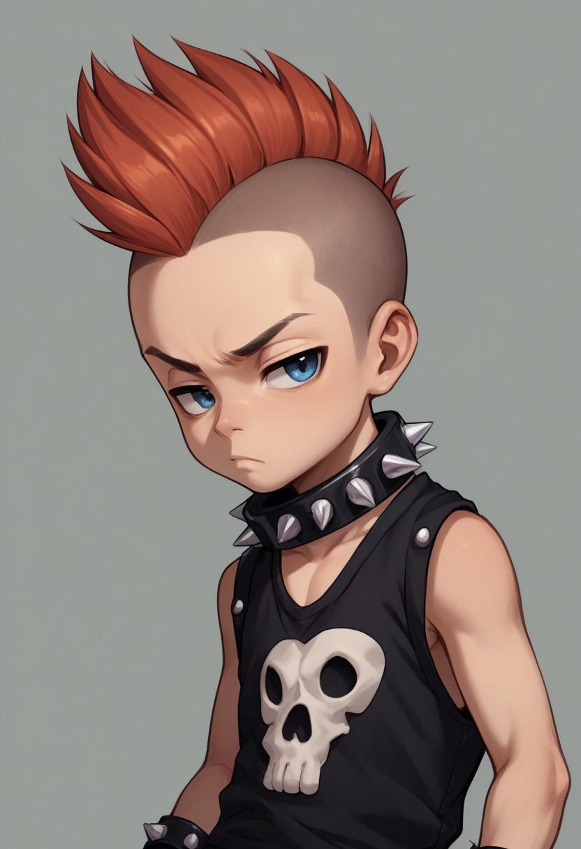 score_9, score_8_up, score_7_up, source_anime, highly detailed, young, 1boy, solo, cute boy,  punk boy, scowl, sleeveless, skull shirt, spiked bracelets, spiked collar, mohawk, undercut, eye shadow, shorts,