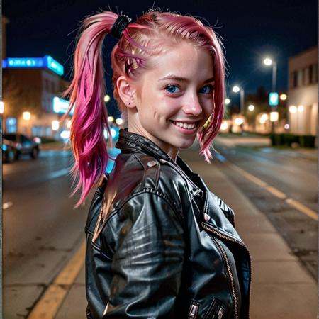 Ultra realistic photo, 20 y.o girl with hot pink hair at night far from camera, blue eyes, loose shoulder-length hair, smiling gently, leather jacket, hair tied up in a ponytail, frame shows only face and a piece of the jacket