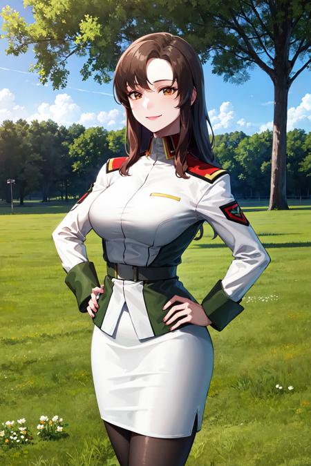 masterpiece, best quality, highres, ramius1, 1girl, solo, military uniform, military, makeup, black pantyhose, white shirt,  white skirt, tight skirt, <lora:murrue_ramius_v1:0.7>, cowboy shot, smile, outdoors, hand on hip, grass, tree, flower,