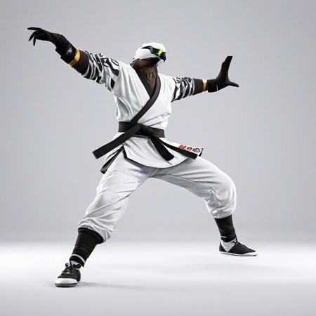 An anthropomorphic female hawk. Cool animated style. She is a martial artist and is wearing cool clothes. She has an attitude. She is balancing on one leg, performing the crane kick from the karate kid movie. The background is white.  ar 2:3  stylize 200