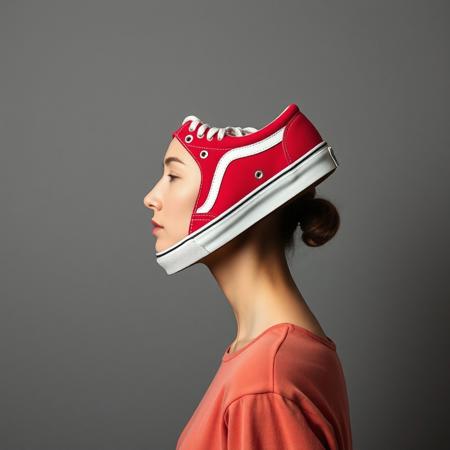 professional photo, detailed photo,
profile of woman, she has no head, she has no face
he head and face have been replaced with a sneaker
(((red-canvas-women's-Vans-sneaker))),