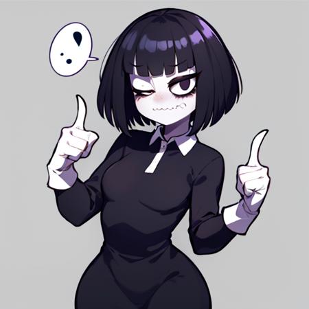 Susie, short hair, bags under eyes, right eye half closed,  grey skin, wavy mouth,  black eyeliner, standing, pointing at viewer,
SuDr, tight long  black dress with white collar, long sleeves, long white gloves,
(insanely detailed, beautiful detailed face, masterpiece, best quality) <lora:Susie-10:0.8>