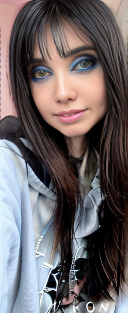 ( skinny :1.2), thin girl, with pastel sweatshirt, with black hair, <lora:EugeniaCooneyV4:1> emo style hair , black hair