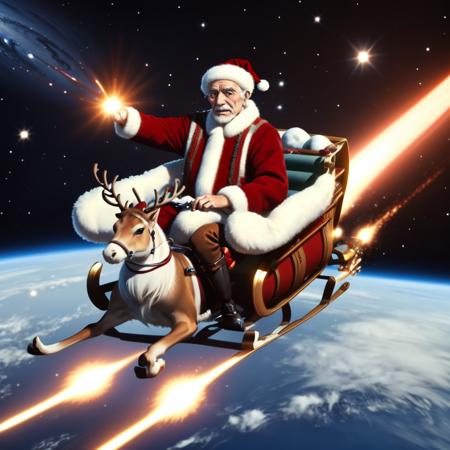 sleigh  Atmospheric re-entry reindeer realistic fur-trimmed headwear fur-trimmed boots space galaxy