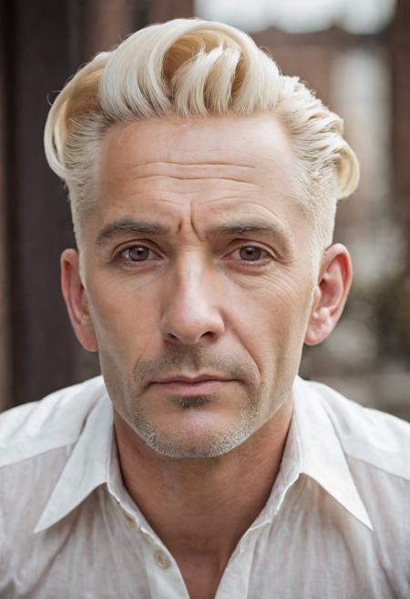Create a dramatic photographic portrait, capturing the essence of a unique individual. 
Type of Person and Age: Middle-aged Man .
Hair Color: Platinum Blonde .
Hair Style: Vintage Victory Rolls .
Eye Color: Deep Brown .
Ethnicity: European .
Emotion: Dreamy and Ethereal .
(Skin Detail: The skin exhibits intricate, pore-level details, with sharp and clear skin texture, enhancing the realism and depth of the portrait.)
<lora:add-detail-xl:1> <lora:sdxl_offset_example_v10:1>