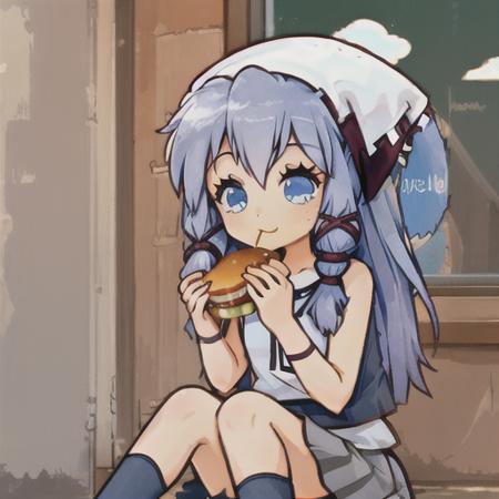 solo, magnolia, human, female, blue eyes, skirt, eating hamburger <lora:pk_magnolia_v2-000008:1>