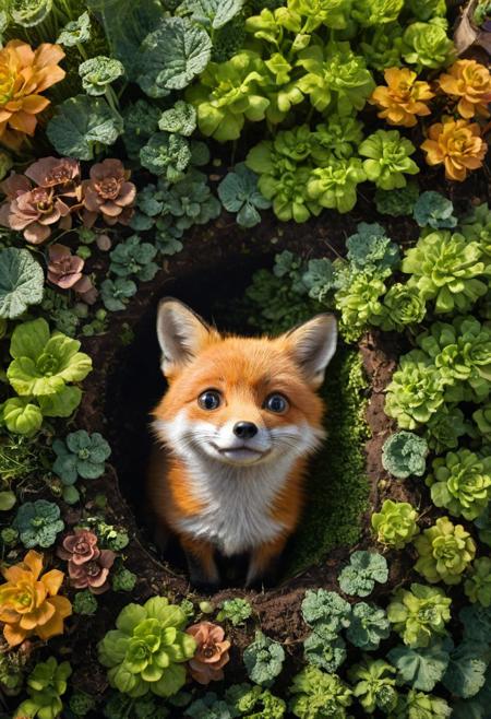 amazing quality, masterpiece, best quality, hyper detailed, ultra detailed, UHD, perfect anatomy, dof, portrait,  awesome, inspiring,  Expressiveh, realistic, high quality, 4K, absurd resolution, incredibly detailed, masterpiece, sharp, (too cute fox house garden:1.6), (so cute:1.5), (big round eyes, cute eyes:2), happy, extremely detailed, no humans, extremely detailed scales, sunlight, realistic, high quality, detailed, shadows, glowing, bright colors, high contrast, vivd lighting, cinematic composition, soft shadows, national geographic style, (view from above), (close up:1.5)