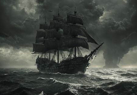 a wide detailed sea, gray cloudy sky, heavy rainstorm, ((a pirate ship with black sails emerging from below of the sea)), sense of scale, depth of field, landscape, detailed ship, digital artwork by Beksinski, subtle colors, gray and white theme, lightning at distance, menacing storm clouds, dark, grim, epiCPhoto, very long gray lightning,
BREAK,
intricate colors, detailed art, realistic art, depth of field, 4k, (best quality 1:1), masterpiece, intricate details,