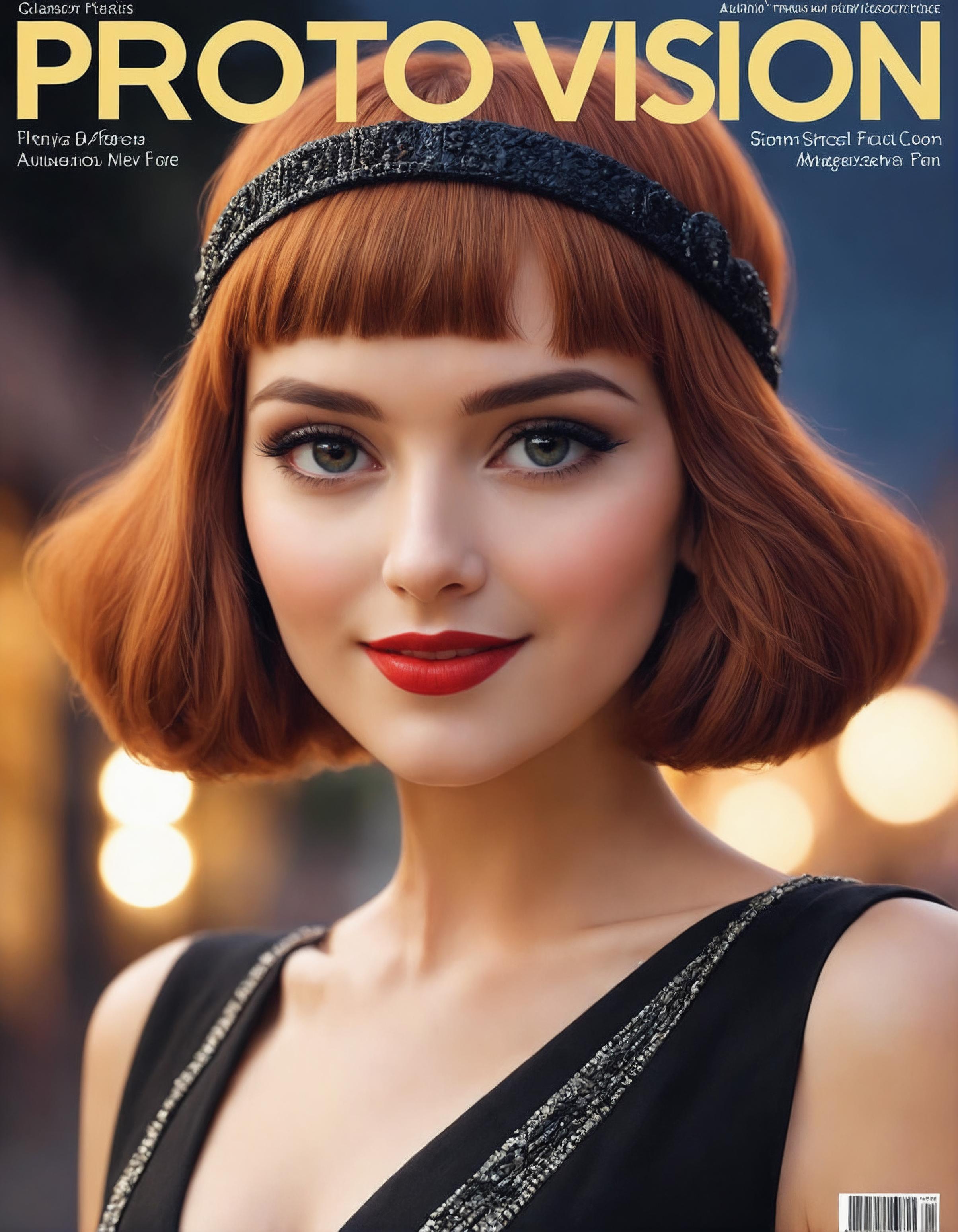 A redheaded woman wearing a black dress and a black headband.