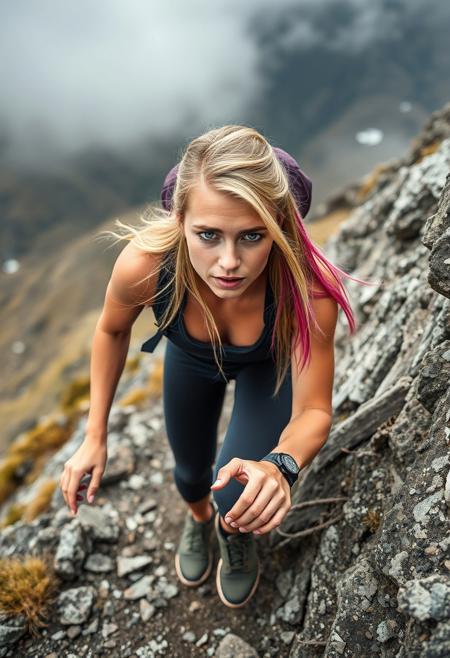 A dynamic shot of a 26-year-old athletic woman with blue eyes and long blonde hair with pink streaks, actively climbing a steep section of a mountain path, showcasing her determination and strength. The surrounding landscape is dramatic and wild