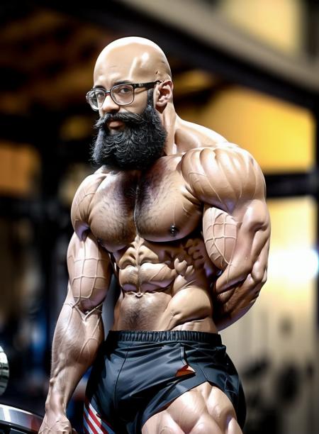 1man,masterpiece,best quality,dusk,gym,bodybuilder bald male shirtless visible abs bearded middle aged man,posing,thick thighs,looking at the viewer,depth of field,
<lora:add_detailLora:1>