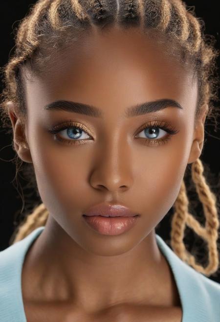 hyper realistic and detailed photo of a cute 22yo african female gymnast, shallow depth of field, cleavage, two-packs abs, golden blonde straight messed up hair, straight waist, realistic textures, 8k movie still, cinematic, looking at viewer, straight hip, narrow hip, small hip, small round shape butt, tiny breasts, long legs, Youthful, radiant complexion with fair dark tonde black skin. Her facial structure is characterized by soft, rounded features with a gentle jawline that complements her overall delicate visage. The eyebrows above are well-defined, arched gracefully, adding to the intensity of her gaze. Her hair, a rich golden brown, is pulled back into a high ponytail that cascades in gentle waves, framing her face elegantly. Her lips are full and appear soft, providing a neutral yet inviting expression. The subject's nose is proportionate to her face, with a subtle, rounded tip that harmonizes with her soft facial features.
The eyes are a distinctive feature, conveying a remarkable depth of color   a shade of light blue. Her irises are ringed with a darker blue hue. Her pupils are centered and clear. The eyelids are smooth, with a subtle crease that adds depth to her eye structure. Her lashes are of a lighter brown, long and evenly spread, curling gently upwards. low-key dark-toned photo style, pure black background