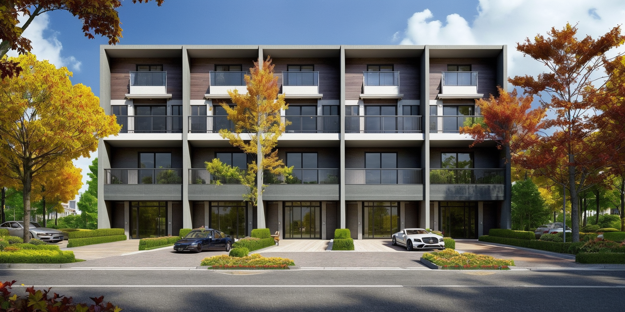 <lora:JJsRowHouse:.7>,((best quality)),((masterpiece)),((realistic)), , photorealistic,  ((Rowhouse)),  car, motor vehicle, outdoors, sky, ground vehicle, scenery, building, city,  road,  cloud, crosswalk, real world location, lamppost, tree, street, cityscape ,cloud , sidewalk, wood ,bush ,flower ,autumn leaves,