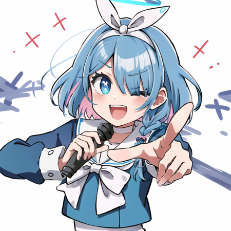 <lora:Hoshino Ai's Pose 2:0.9>, ai's pose, 1girl, solo, smile, open mouth, one eye closed, star (symbol), pointing, microphone, arona, white hairband, bow hairband, halo, short hair, single braid, school uniform, blue shirt, white sailor collar, long sleeves, white bowtie, white choker <lora:aronaBlueArchive_v1:0.7>