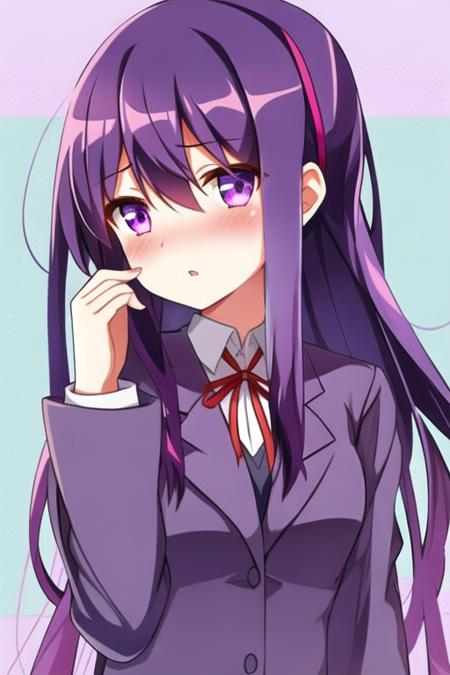 1girl, yuriddlc, solo, purple eyes, long hair, hair ornament, purple hair, hairclip, school uniform, blush, looking at viewer, jacket, parted lips, ribbon, hair between eyes, bangs, long sleeves, wide-eyed, school background, yandere