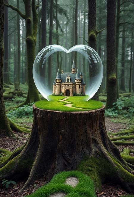 In the old forest, on a large sawn tree stump, stands a heart-shaped crystal ball, inside the crystal ball is an old castle, the castle is surrounded by a green grass, the grass a winding path leads directly from the stump to the castle.
