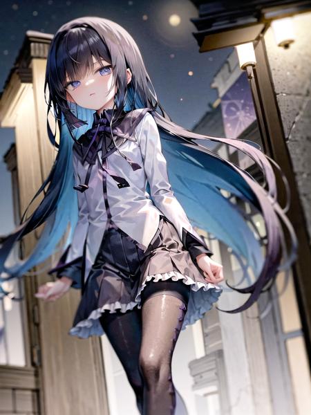 Homura Akemi, (walking through a city alleyway), flat chest, extremely detailed textures, scowling, pouting, looking down on the viewer, (detailed shiny_anime_style_eyes) <lora:HomuraAkemi:1> BREAK beautiful night sky, stars, (night:1.4), windy, aesthetic, intricate, sharp focus, aesthetic, intricate, best quality, extremely detailed, starry sky, 1girl, solo, from below,