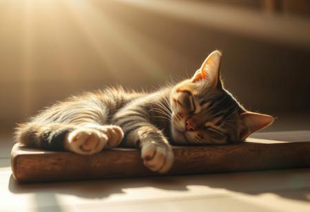A board cat naps in a beam of sunlight