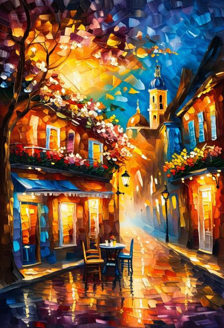Mix of paper quilling and oil Painting in the style of Leonid Afremov, a highly detailed illustration of a quaint cobblestone street in a historic European town, with flowers blooming on balconies, captured in golden hour lighting.