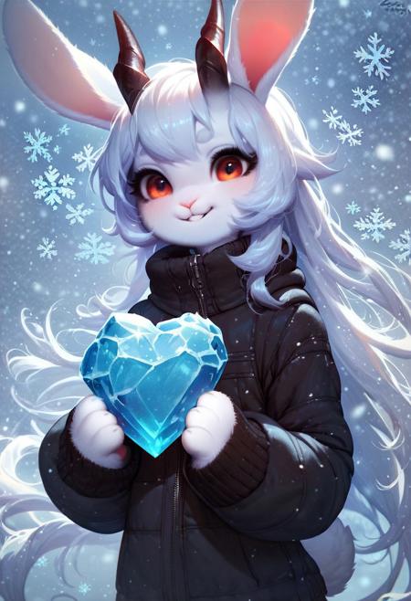 core_9, score_8_up, score_7_up, score_6_up, score_5_up, (flat colored: 1.2), fluffy body, (2d style:0.8), anthro rabbit girl, cute,, ultra-detailed, winter background, ice, long hair, hearts, smile, horns, rabbit, clothes, snow, snowflakes