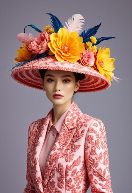 made of wagyu, masterpiece, raw photo, high quality, 8k, ultra sharp, absurdres, intricate details, cinematic scene, photorealistic, award-winning, whimsical and surreal fashion editorial, a vibrant oversized hat with playful and exaggerated shapes, adorned with colorful flowers, feathers, and abstract elements, model wearing a simple yet elegant outfit to complement the hat, soft pastel background with a dreamy, ethereal quality, diffused lighting highlighting textures and vivid colors, dynamic composition with the hat as the focal point, fine details in the fabr