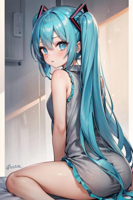 1girl, hatsune miku, from behind, looking back, wariza