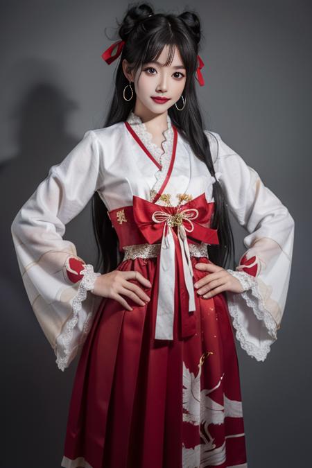 ultra-detailed,highly detailed,best quality,masterpiece,illustration,realistic,
hutao, 1girl, black hair, long hair, solo, korean clothes, hands on hips, hanbok, realistic, ribbon, jewelry, smile, long sleeves, looking at viewer, standing, skirt, grey background, black eyes, dress, simple background, flower, brown eyes, earrings, cosplay, traditional clothes, red ribbon, chinese clothes, red skirt, bow, closed mouth, lips, animal print, wide sleeves, bangs, signature, feet out of frame, tdnm,
 <lora:hutao_tdnm_v2_03:0.6>