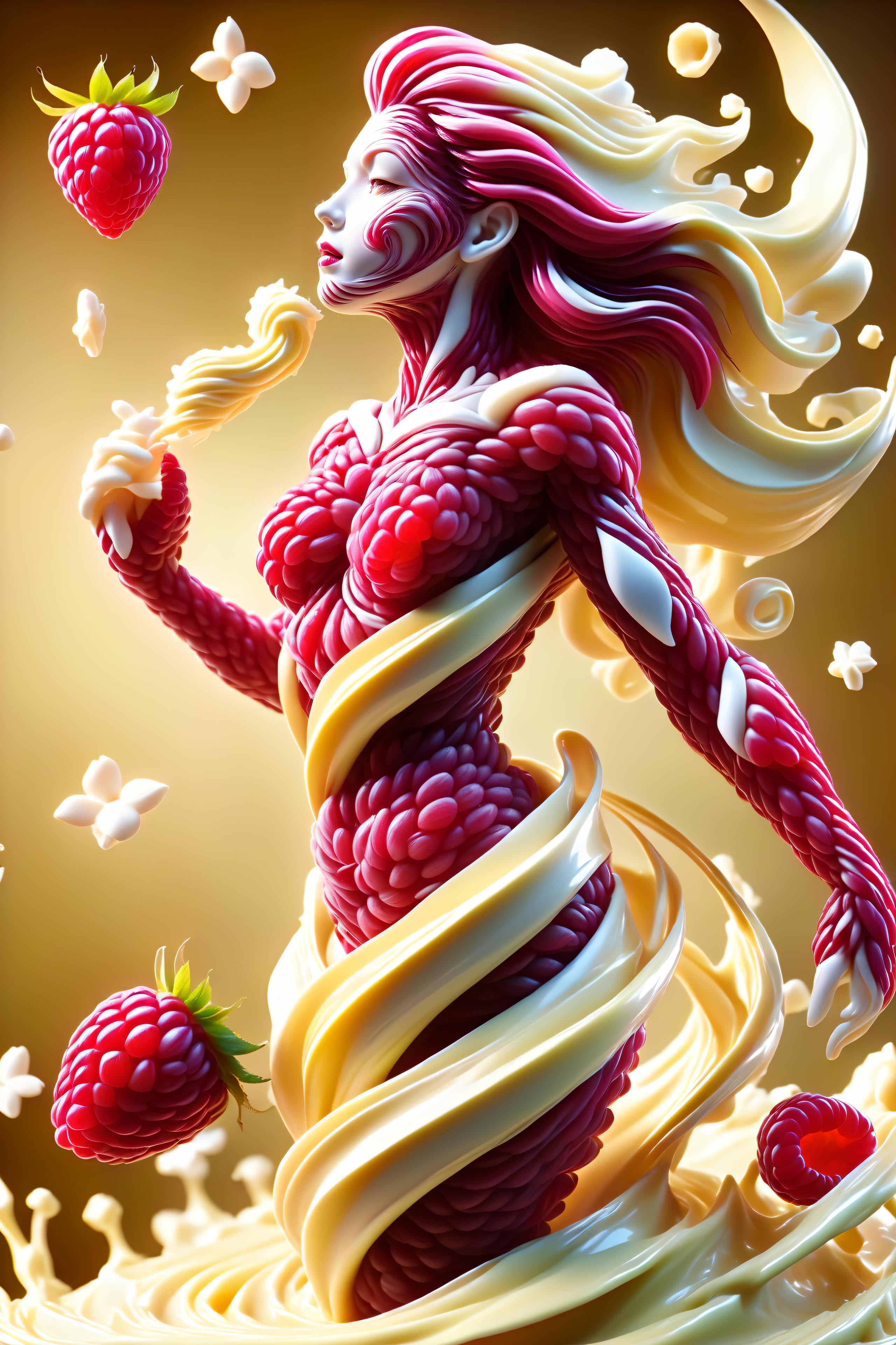 Artistic Statue of a Woman with a Strawberry on Her Head and a Raspberry in Her Hand
