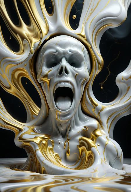 A surreal and ethereal scene of a scream emerging from a swirling mass of liquid marble, rendered in radiant white and gold. The marble forms a humanoid face, its mouth wide open in an expression of a scream, with smooth and polished surfaces melting and dripping downward in fluid streams. Swirling patterns ripple across the marble, creating a sense of motion and intensity, while golden veins interlace through the white marble, emphasizing the contours of the screaming visage. The background is minimal yet otherworldly, featuring faint golden and white gradients that enhance the ethereal ambiance. The melting marble appears to defy gravity, pooling into abstract, fluid shapes below the face, while the scream itself seems to echo visually through rippling distortions in the air around it. Geeky symbols, like faint circuit lines and pixelated elements, subtly integrate into the marble surface, adding a modern, intellectual twist to the surreal composition.