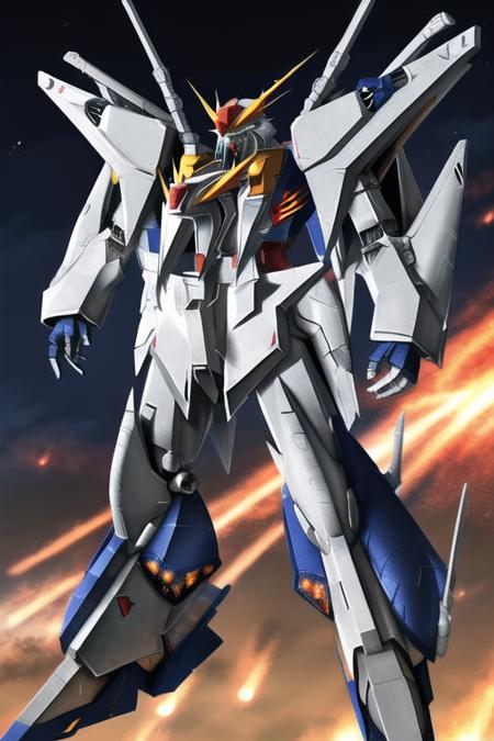 <lora:xi gundam lora:0.8>, xi gundam, gundam, mecha, assault mech, explosion background, dark sky background, modern, unreal engine 4, concept art, futuristic, realitic, high quality, masterpiece, mecha head