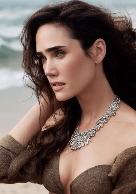 jennifer connelly (sharp focus:1.2), photo, attractive young woman, (beautiful face:1.1), detailed eyes, luscious lips, (cat eye makeup:0.85), (large eyes:1.0), (toned body:1.2), (curly hair:1.2), wearing (romper:1.2) on a (beach:1.2). (moody lighting:1.2), depth of field, bokeh, 4K, HDR. by (James C. Christensen:1.2|Jeremy Lipking:1.1).