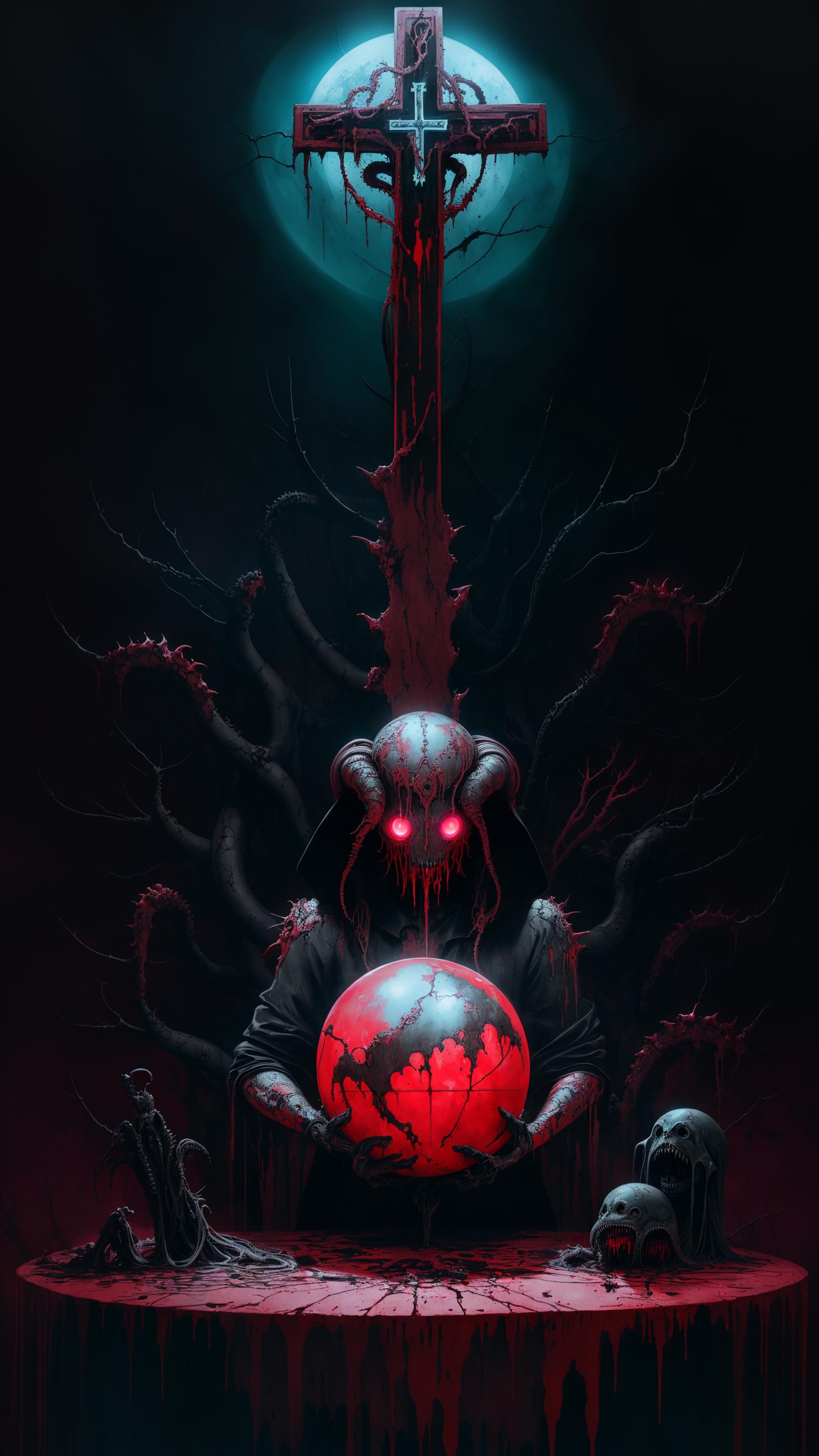 A Demon-like figure holding a bloody sphere of the world in its hands.