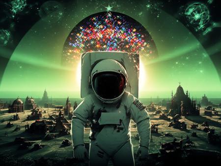 xmas_style_2K24,
Double exposure, Alien landscape the main tones are green and grey, the sun is setting behind a vast christmas tree radiating a kaleidoscope of colours over the landscape, the remnants of an ancient civalization scatter the landscape, double expose on this landscape is a front facing photograph of an American astronaut taken from a high angle looking down on him