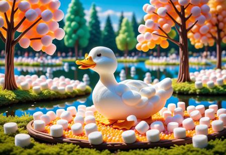 Duck made of Marshmallows, pond and park background, bright, vibrant, photography, high quality, detailed, realistic