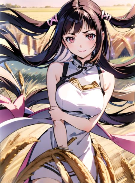 1girl,solo,black hair,smile,breasts,ribbon,long hair,two side up,hair ribbon,pink eyes,twintails,medium breasts,looking at viewer,bangs,blunt bangs,lipstick,<lora:RubyT-011:0.8>,(field of wheat background:1.2),(china dress :1.2),(Lying on the side, pretending to laugh at a joke :1),