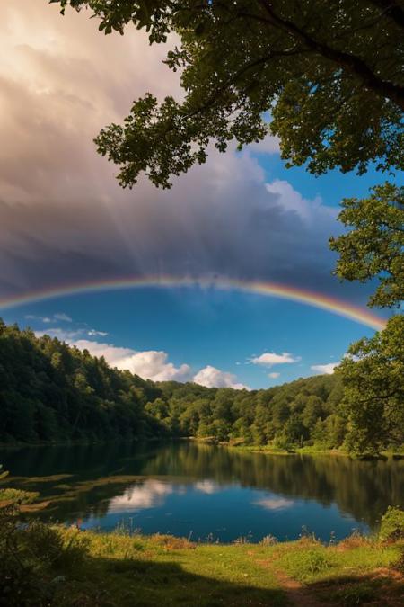 A stunning cinematic fantasy landscape featuring a majestic castle on a hill surrounded by lush green meadows and a shimmering lake. A vibrant rainbow arches across the sky, and fluffy clouds drift by. In the distance, a magical forest with glowing trees is visible. The landscape is illuminated by a warm, ethereal golden glow, creating an enchanting and otherworldly atmosphere.