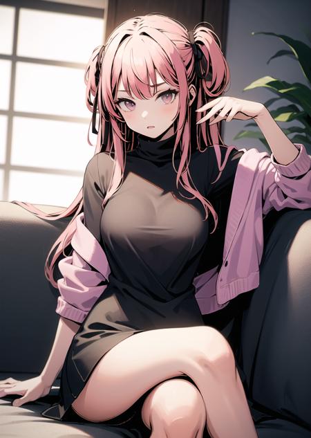 1girl, cowboy shot, pink hair, sitting, crossed legs  <lora:pitch_black_shadow_V2:1.5>