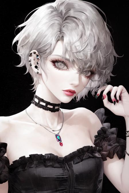 pilyeon, 1girljewelry, short hair, looking at viewer, choker, necklace, piercing, white background, grey eyes, nail polish, simple background, grey hair, ear piercing, black choker, eyelashes, lips