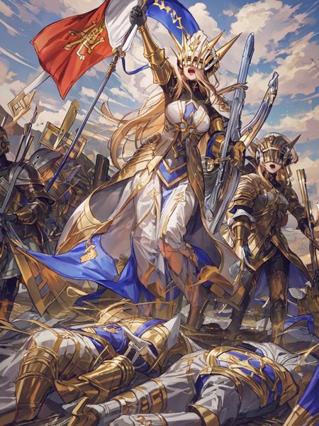 masterpiece,best quality,highres,1girl,<lora:ShadowverseHolySaberV4:0.75>,liberty leading the people, holding,flag,shield,white helmet,white armor,middle blue skirt,open mouth,looking to the side ,covered eyes,unevolved,alternative1,followed by crowd,standing on hill,corpses on ground,pile of corpses