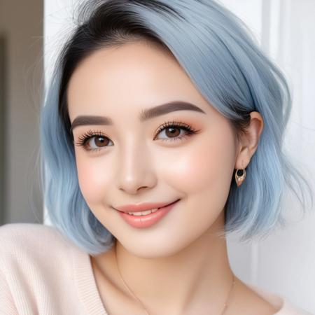 She is a super cute 20-year-old girl with a shy smile, playing with her pet Labrador outside her house. Her hair is pastel blue with darker roots, styled into a short bob that tucks neatly behind her ears. The bob has a slight inward curl at the ends, giving her a soft and playful look. Her skin is fair, with a smooth and youthful complexion that has an even texture, free from blemishes. Her face is oval-shaped, with a delicate, thin jawline that enhances her overall cuteness. Her eyes are dark brown, large, and almond-shaped, framed by thick black eyelashes that are curled upward, adding a hint of shyness and openness to her gaze. Her eyebrows are well-defined and moderately thick, arching gracefully above her eyes in a darker tone that contrasts beautifully with her pastel blue hair.
Her petite nose with a rounded tip fits harmoniously with the rest of her facial features, while her full lips, with a pronounced Cupid’s bow, form a gentle smile in a natural peach-pink hue. The lips have a soft matte finish, complementing her subtle makeup. She wears light eyeliner to enhance her eyes, a touch of mascara to emphasize her lashes, and a soft blush on her cheeks for a healthy glow. Her expression is friendly and approachable, with a soft, direct gaze that radiates warmth. Small, simple stud earrings add an understated elegance, allowing her natural beauty to shine through in this playful and tender moment with her beloved pet.