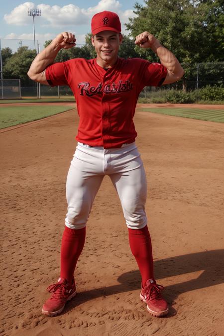 outdoors, ((baseball field)), JeroenMondrian, baseballplayer, baseball uniform, red jersey, gray pants, red socks, black sneakers, red baseball cap, smiling, masterpiece, (((full body portrait))), full body shot, wide angle   <lora:JeroenMondrian-000008:0.75><lora:Clothing - Sexy Baseball Player:0.65>