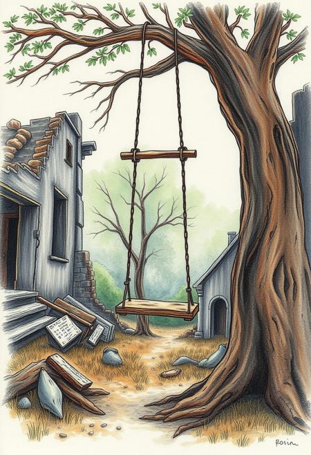 A wooden swing hanging from a tree, swaying slightly, surrounded by the ruins of an abandoned home, whimsical setting, vintage illustration style, colored pencil texture, highly detailed, soft pastels, delicate linework, storybook aesthetic, ethereal atmosphere, dreamy composition, hand-drawn elements, fantasy scenery, nostalgic charm, intricate patterns, gentle color palette
surreal conceptual photography, black-and-white cut-out figures, painterly watercolor abstraction, dreamlike storytelling, whimsical existential themes, theatrical surrealism, symbolic landscapes, vibrant fluid colors, miniature human interactions, poetic absurdity, introspective yet playful, bold contrasts, emotionally expressive composition, imaginative color flow, surreal visual poetry