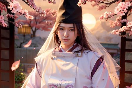 masterpiece, best quality,1boy, male focus, solo, veil,hat, japanese clothes, flower, cherry blossoms, petals, tate eboshi, looking at viewer, kariginu