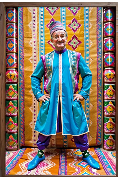 creative pose, vibrant colors, Moroccan style background, portrait,close up of a Islamic Robin Williams, covered in Stickers Depth of field 270mm, <lora:Hassan_Hjjaj_Style:0.8> the hassan hjjaj style